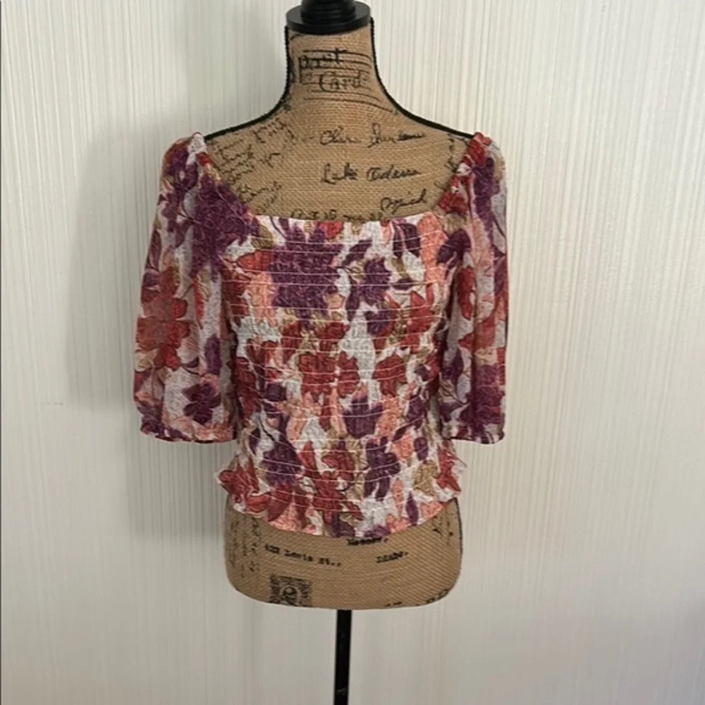 Old Navy Red and Pink Smocked Puff Sleeve Blouse